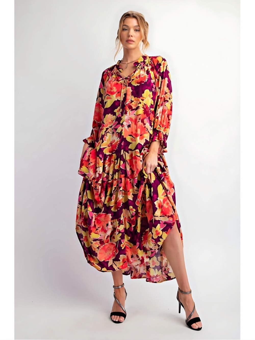 Easel Purple Multi Tiered Ruffle Floral Tassel Puff Sleeve Maxi Dress w/Pockets! - Picture 2 of 10